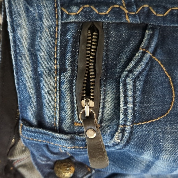 REROCK FOR EXPRESS Dark Blue Boot Cut Distressed Button Flap Pocket Jeans 4 - Picture 13 of 13